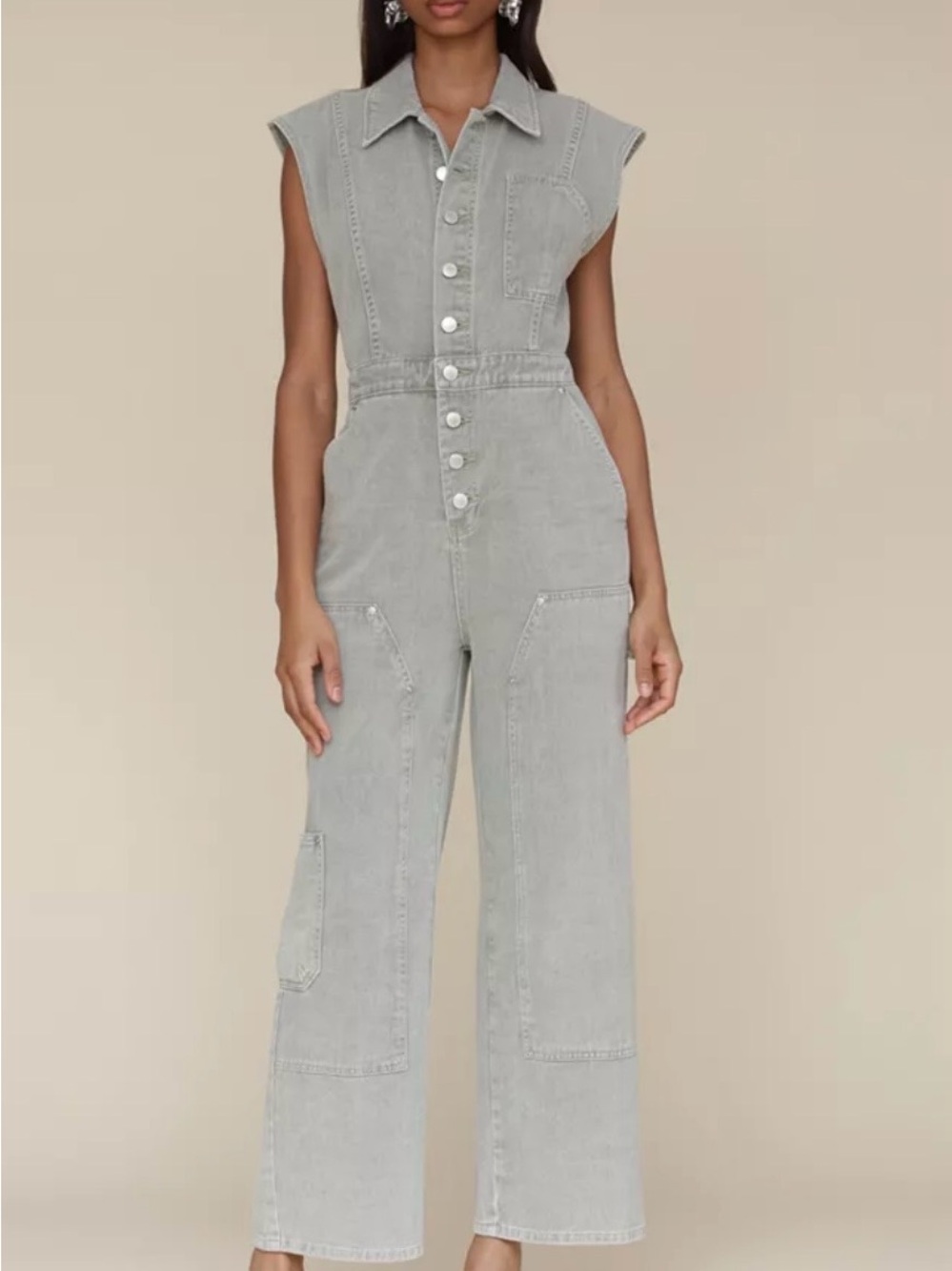Avec Les Filles Wide Leg Carpenter Jumpsuit Light Gray sage Wash Denim Size M